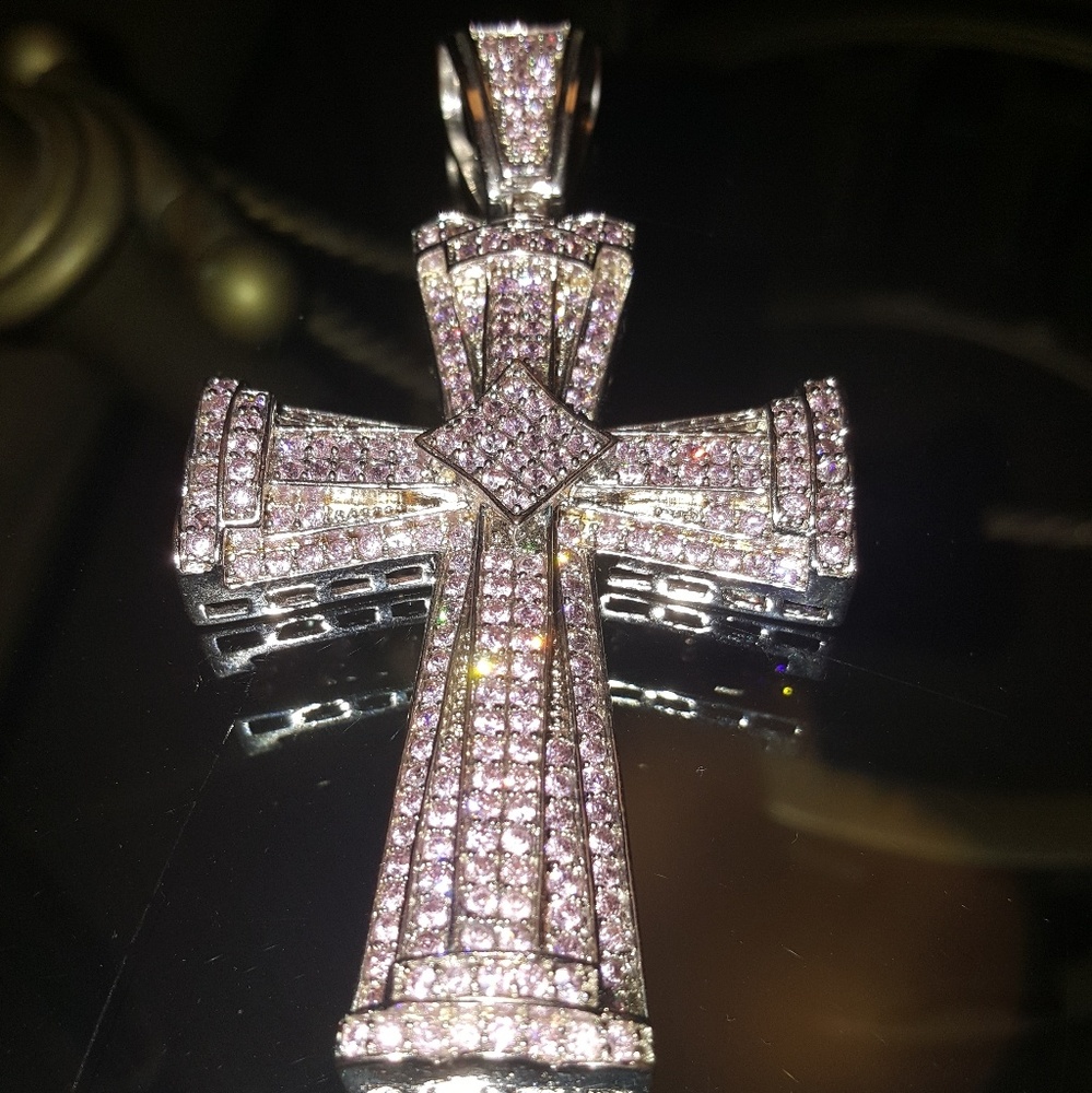 Sterling silver cross pendant w/ pink stones