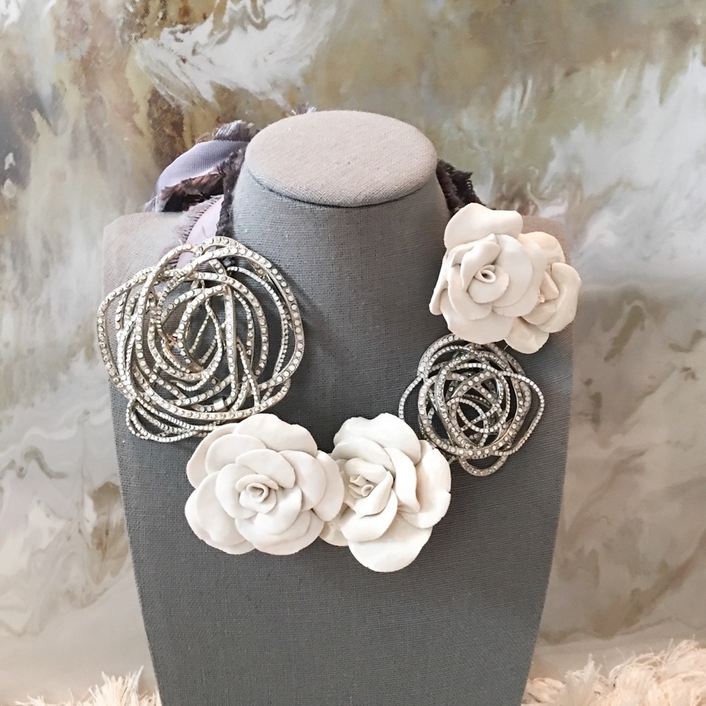 SOLD DIOR Crystal & Porcelain Rose Large Necklace - Picture 2 of 8