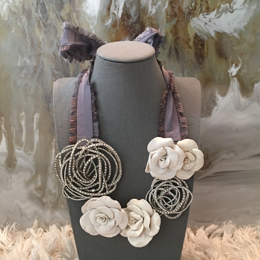 SOLD DIOR Crystal & Porcelain Rose Large Necklace - Picture 6 of 8