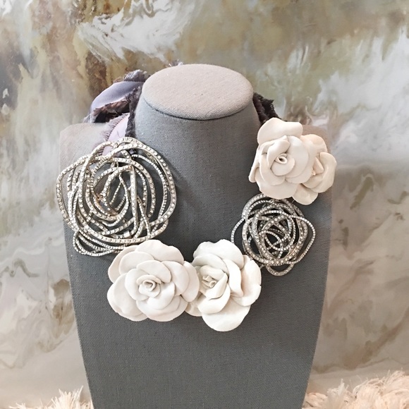 SOLD DIOR Crystal & Porcelain Rose Large Necklace - Picture 2 of 8