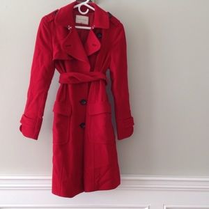 Red trench-style wool blend coat