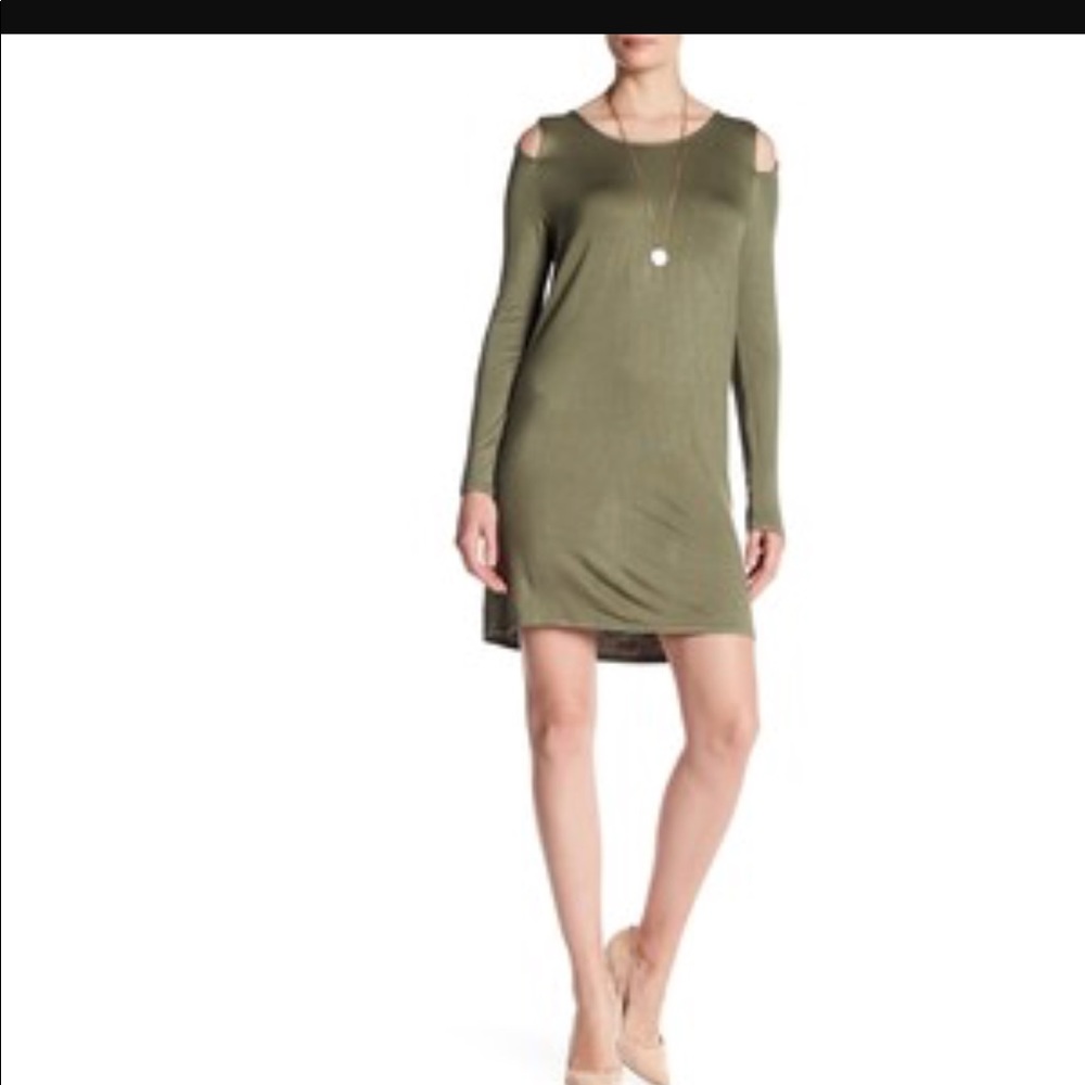 OLIVR GREEN COLD SHOULDER TEE SHIRT DRESS