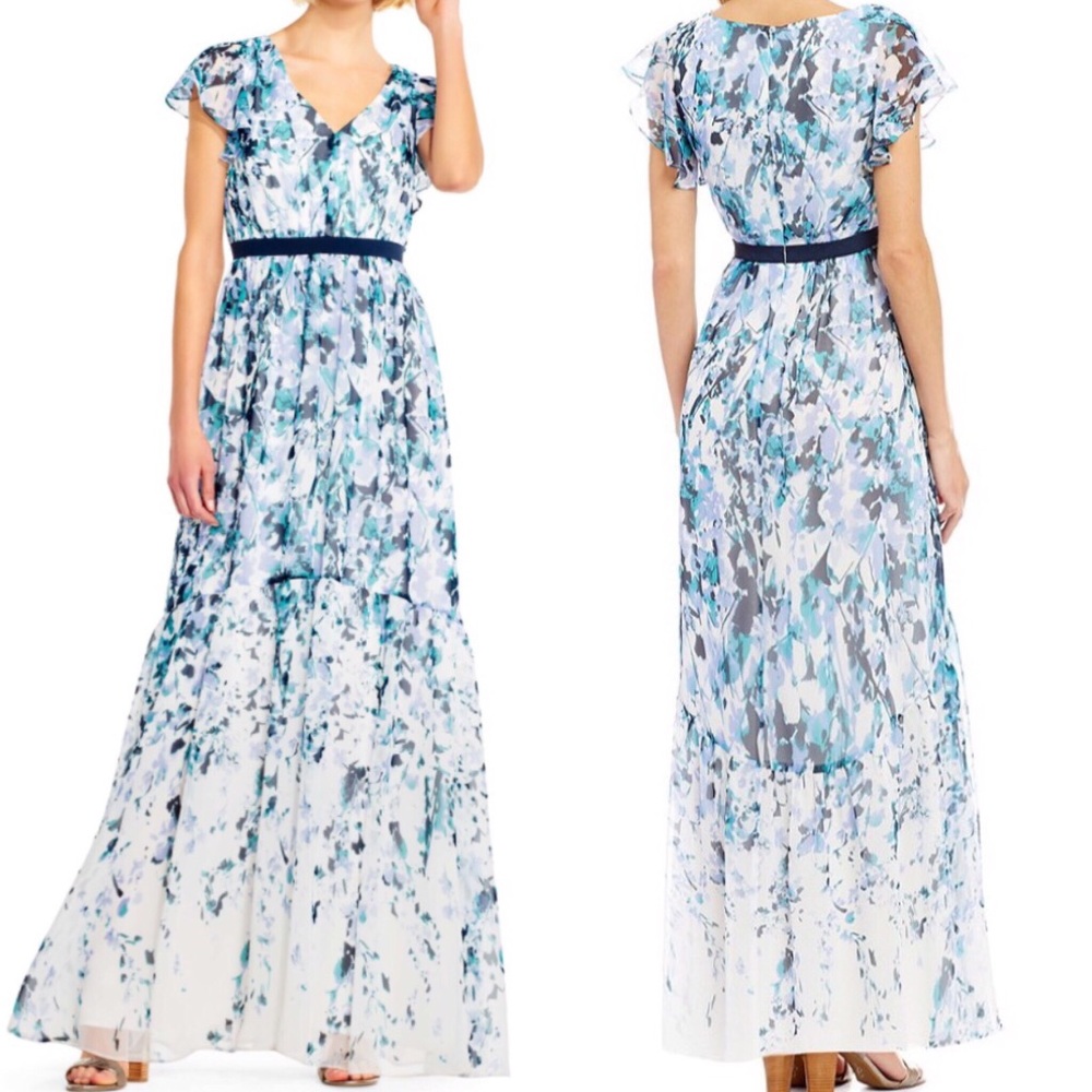 Adrianna Papell Flutter Sleeve Watercolor Gown