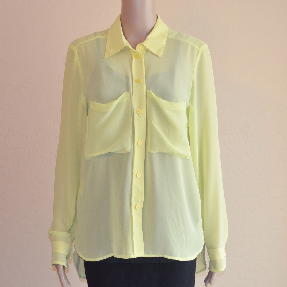 BCBGENERATION Lime Green Sheer Chiffon Patch Pocket Button Up Hi-Low Blouse NWT