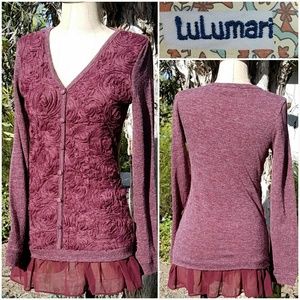 Anthro Lulumari Chiffon Flowers V-neck Sweater Anthro Lulumari Chiffon Flowers V-neck Sweater