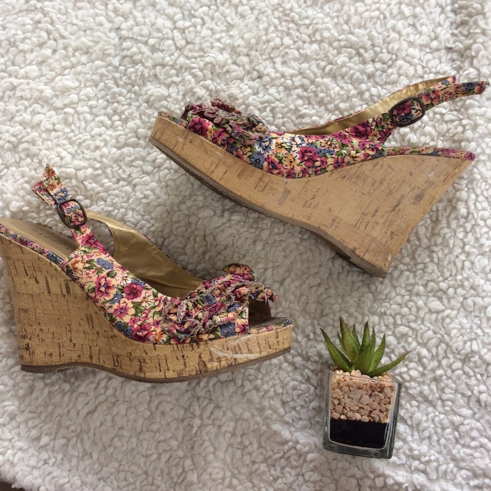 Floral Madden Girl Peep Toe Cork Wedges