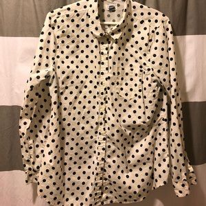 White with navy polka dot button down shirt