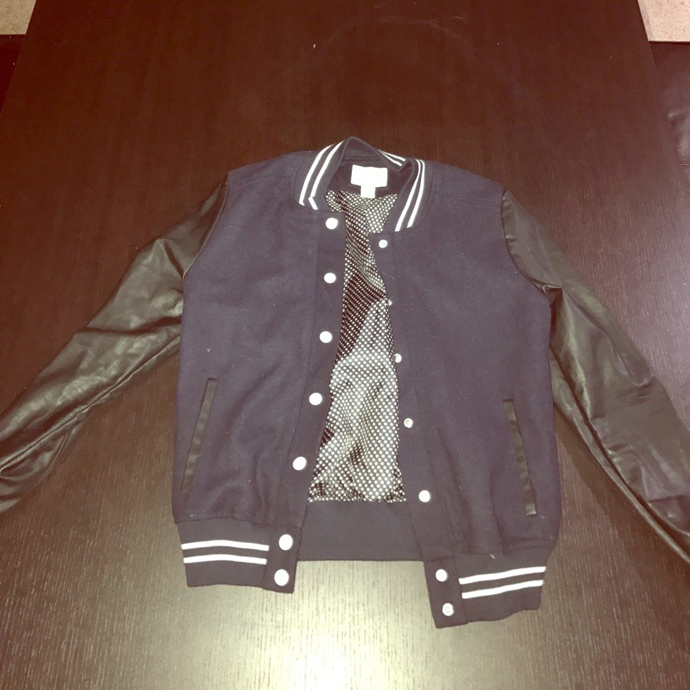 Leather sleeved varsity jacket