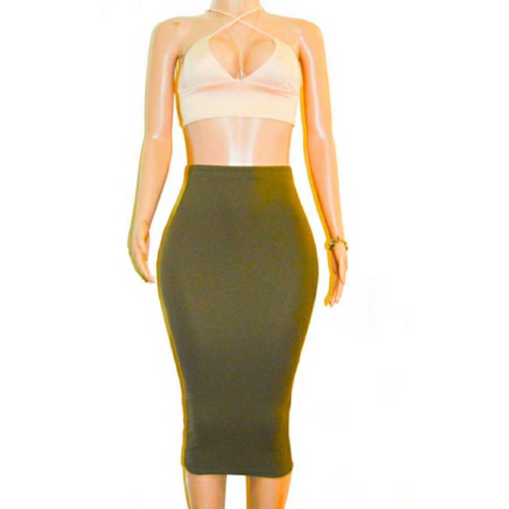 Olive Army Green Ponte Midi Pencil Skirt