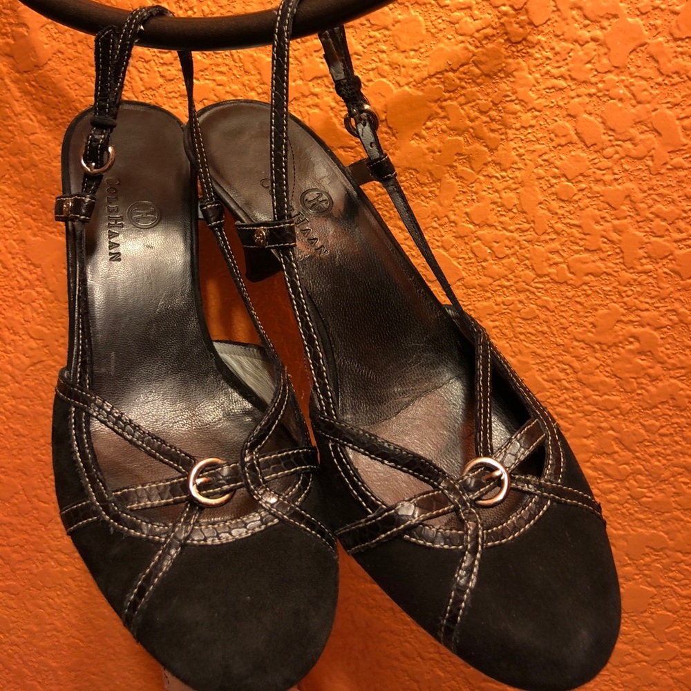 Cole Hann black strapped heels, size 7