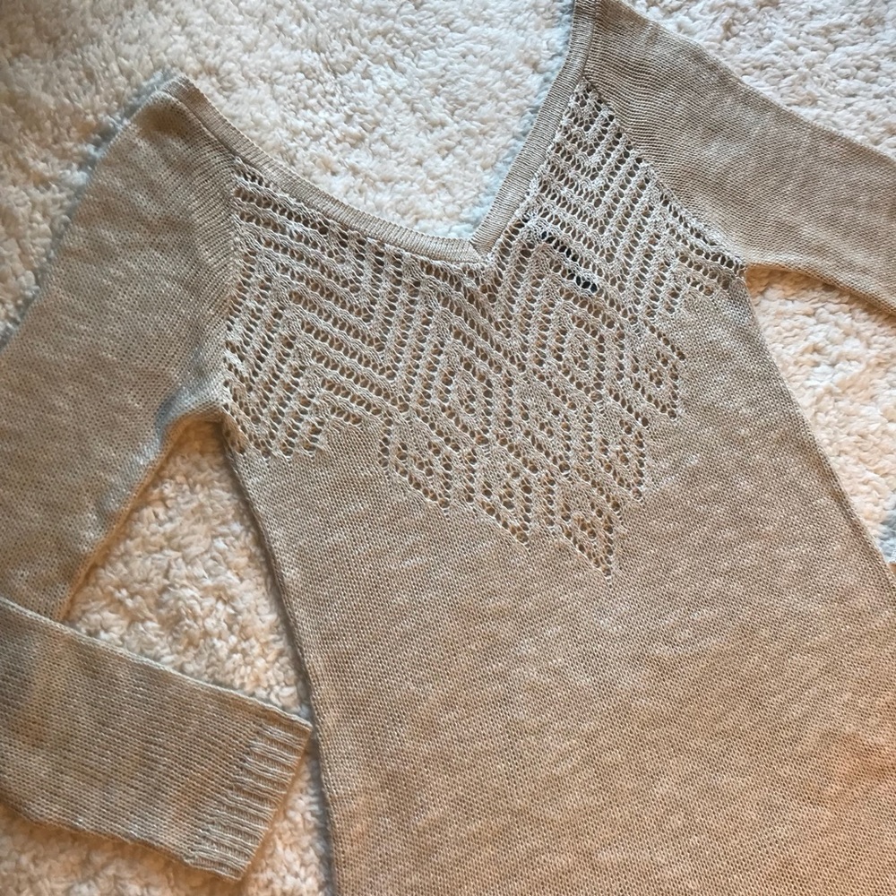Crochet Knit Slouchy Sweater Beige Cut Out V-neck