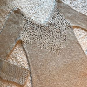 Crochet Knit Slouchy Sweater Beige Cut Out V-neck