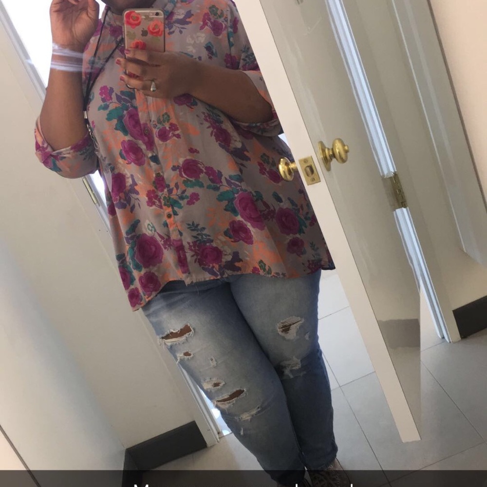 Plus size high low floral button up.