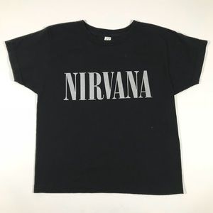 Nirvana T-Shirt Black Large Crop Grunge Rock Nirvana T-Shirt Black Large Crop Grunge Rock