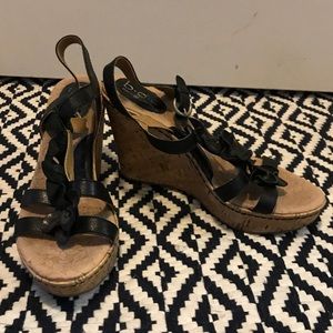 Black Born Cork Wedges with Flower Strap