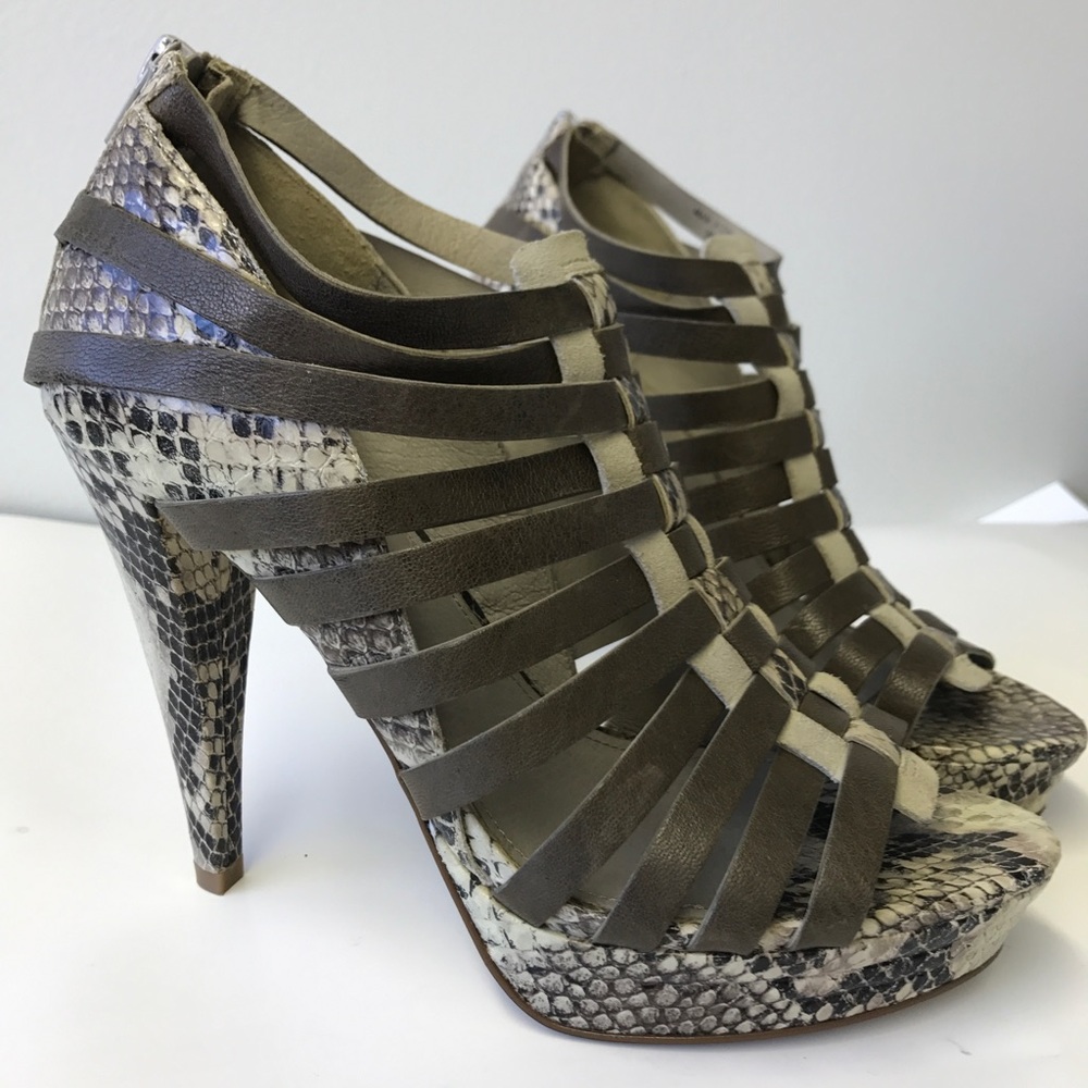 7 for All Man Kind Snakeskin Print Strappy Heels