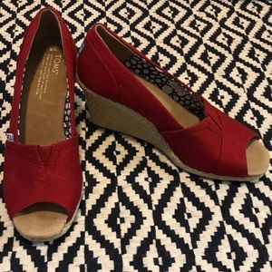 Red Canvas Toms Peep Toe Wedges