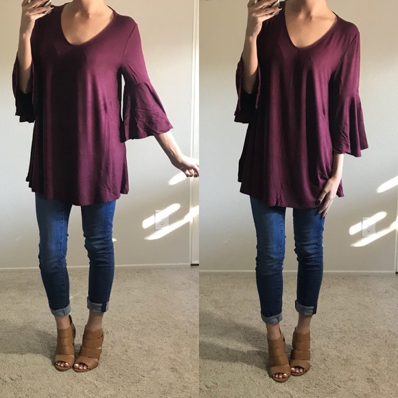 LAST2 • Dark Burgundy 3/4 Bell Sleeve T-Back Top - Picture 2 of 5