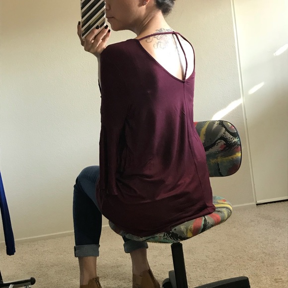 LAST2 • Dark Burgundy 3/4 Bell Sleeve T-Back Top - Picture 3 of 5