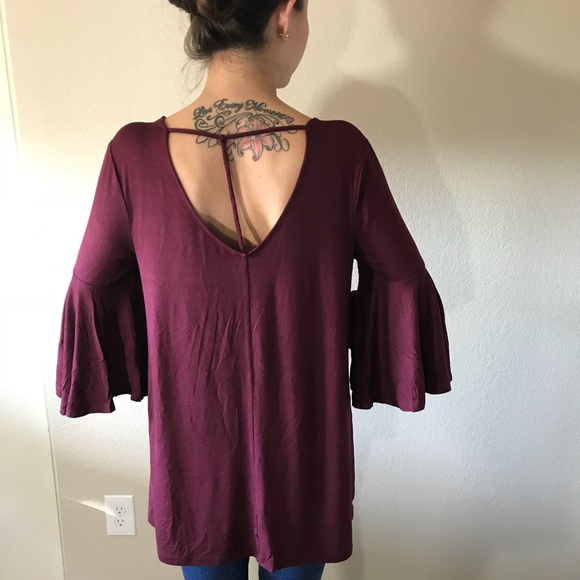 LAST2 • Dark Burgundy 3/4 Bell Sleeve T-Back Top - Picture 4 of 5
