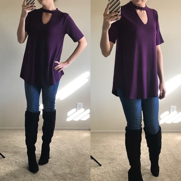Dark Plum Choker Neck Round Hem Top - Picture 3 of 6