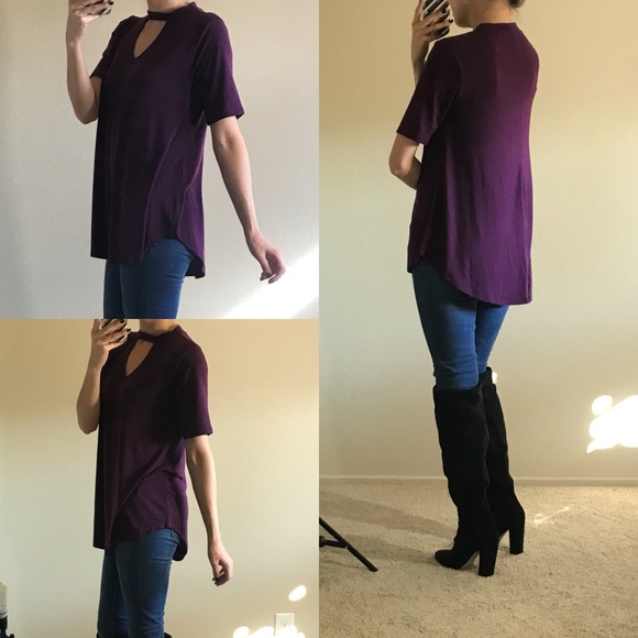 Dark Plum Choker Neck Round Hem Top - Picture 4 of 6