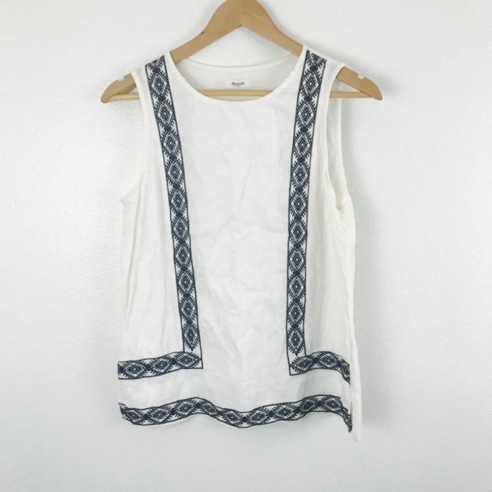 Madewell Tank Top White Linen Black Embroidery - Picture 2 of 5