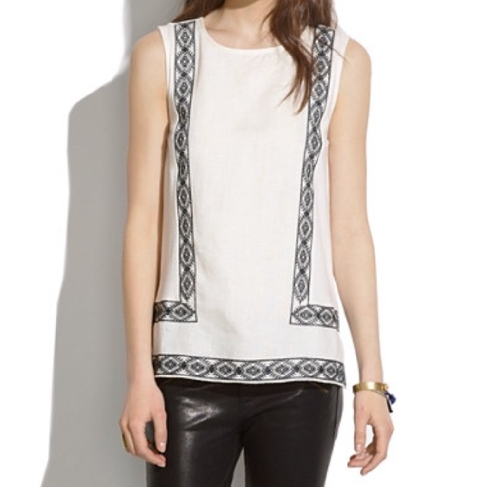 Madewell Tank Top White Linen Black Embroidery - Picture 1 of 5