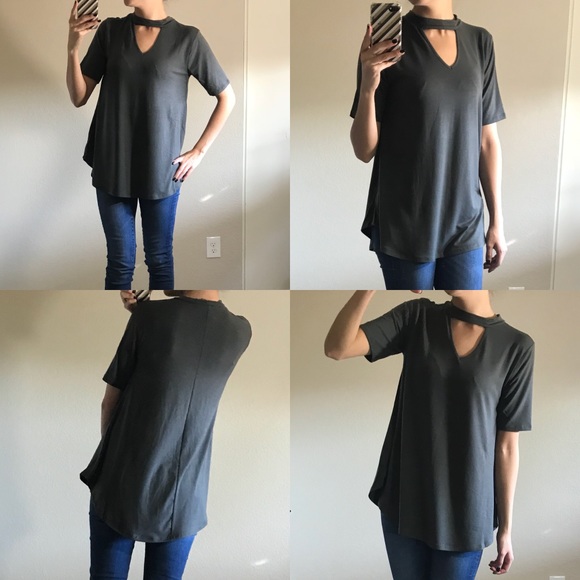 Ash Gray Choker Neck Round Hem Top - Picture 3 of 5