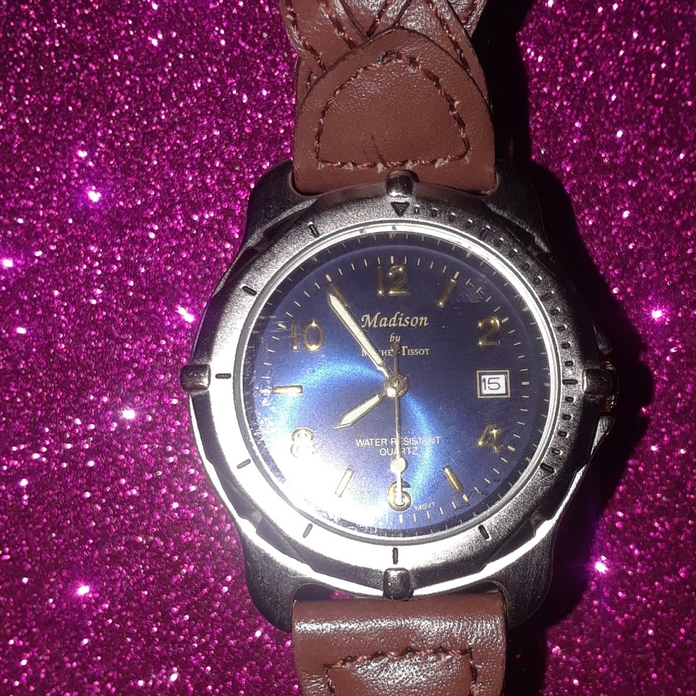 Blue watch with genuine leather strap