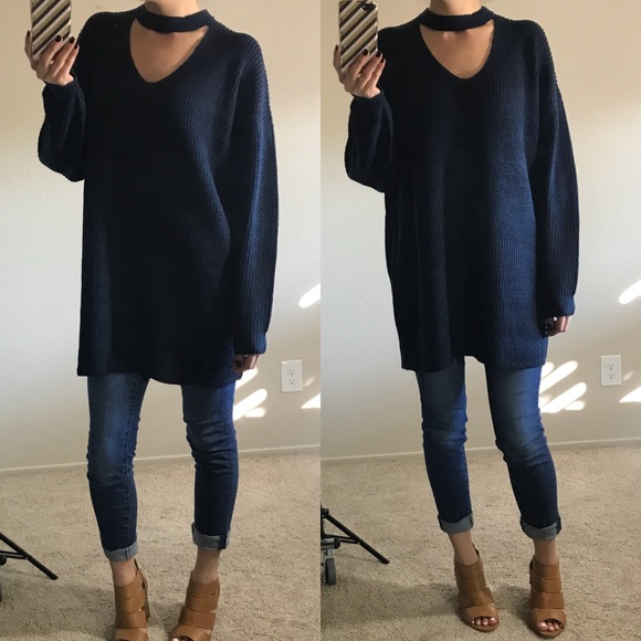 LAST M • Navy Oversized Tunic Choker Neck Sweater - Picture 2 of 6