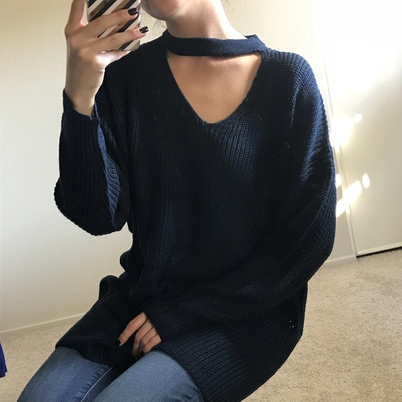 LAST M • Navy Oversized Tunic Choker Neck Sweater - Picture 5 of 6