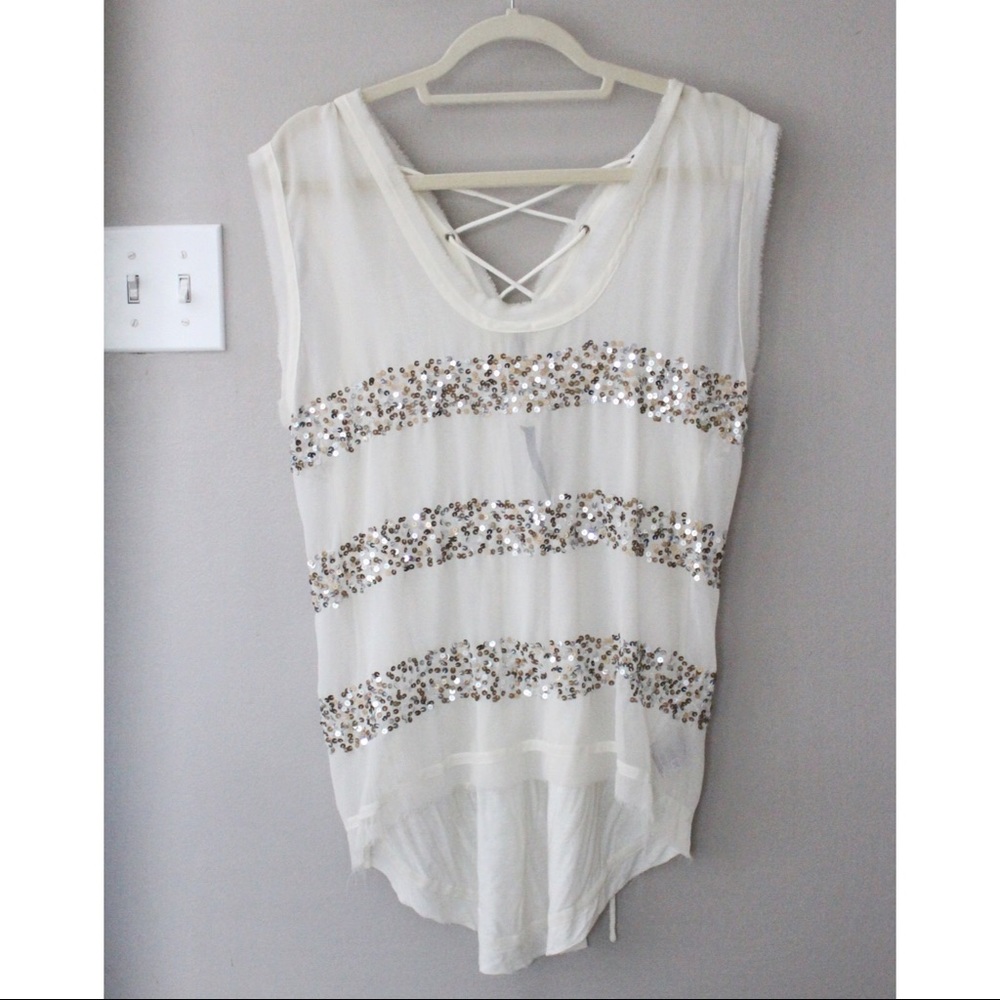 Cream and Gold Sequin Top with Tie-back