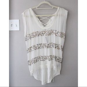 Cream and Gold Sequin Top with Tie-back