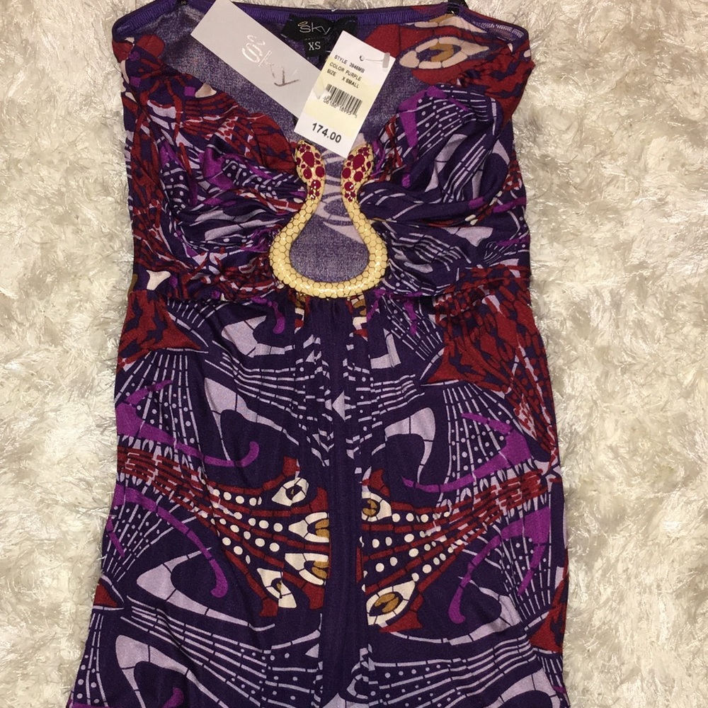 Sky brand strapless silk top with snake pendant