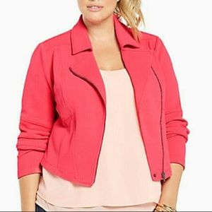 Bright coral torrid moto jacket.