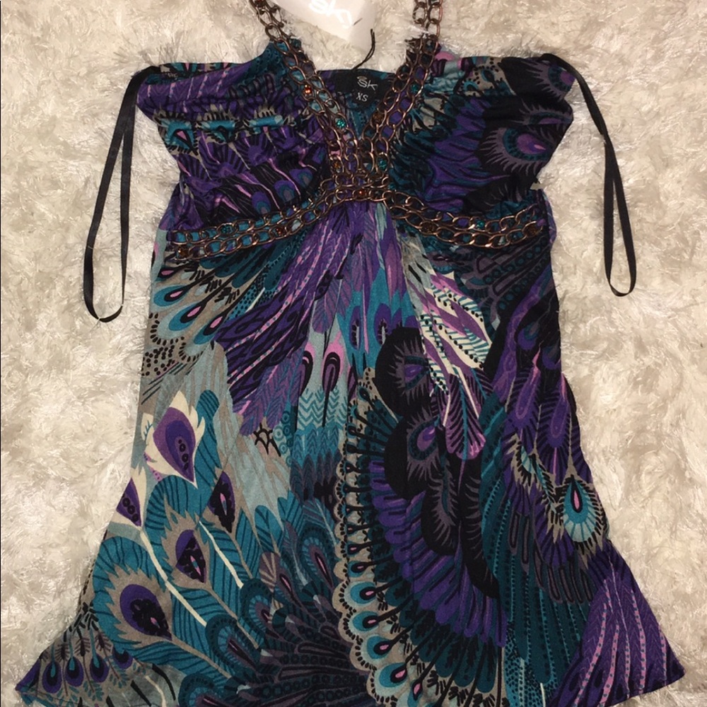 Sky brand chained jeweled halter/Peacock patterned
