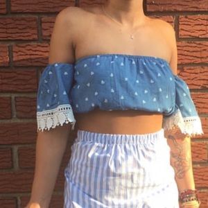 off the shoulder blue polka-heart top.