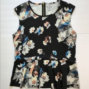 Black and Floral Sleeveless Peplum Top