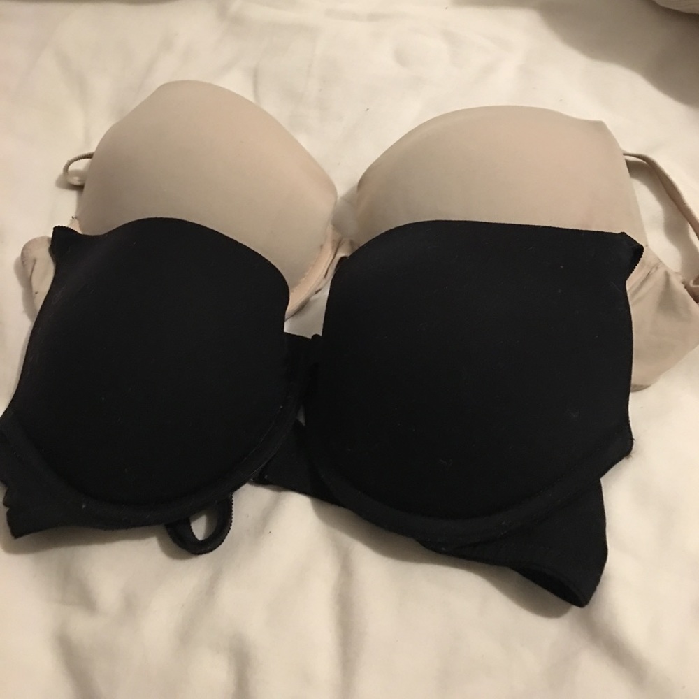 Two PINK push-up bras, tan and black bundle