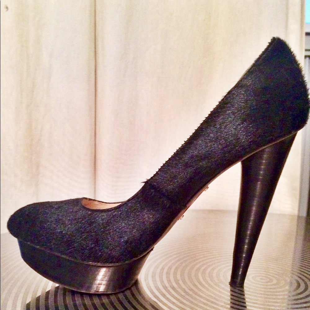 Steve Madden black pony hair platforms
