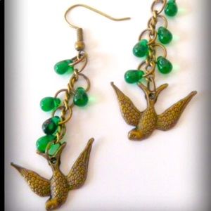 Handcrafted Bird Earrings W Czech Glass Drops new