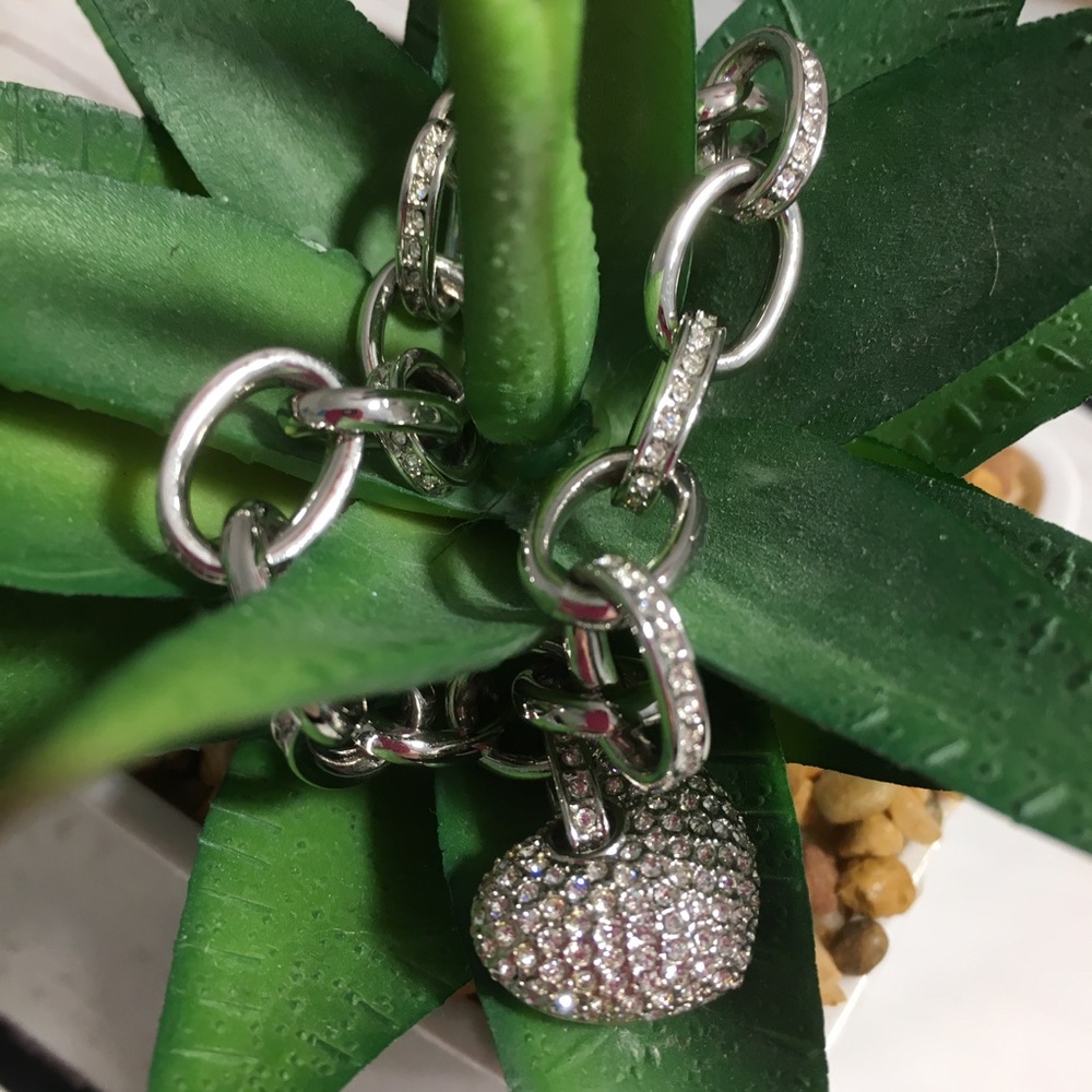 Silver & Pave Crystals Heart &  Chain Bracelet - Picture 3 of 8