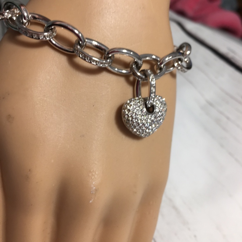Silver & Pave Crystals Heart &  Chain Bracelet - Picture 4 of 8