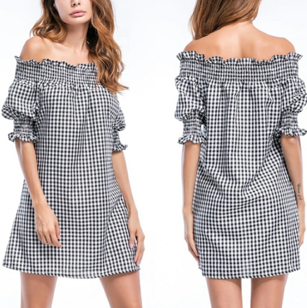 Houndstooth Check RTR, Roll TIDE. Cute off shoulder black white Checkered Dress