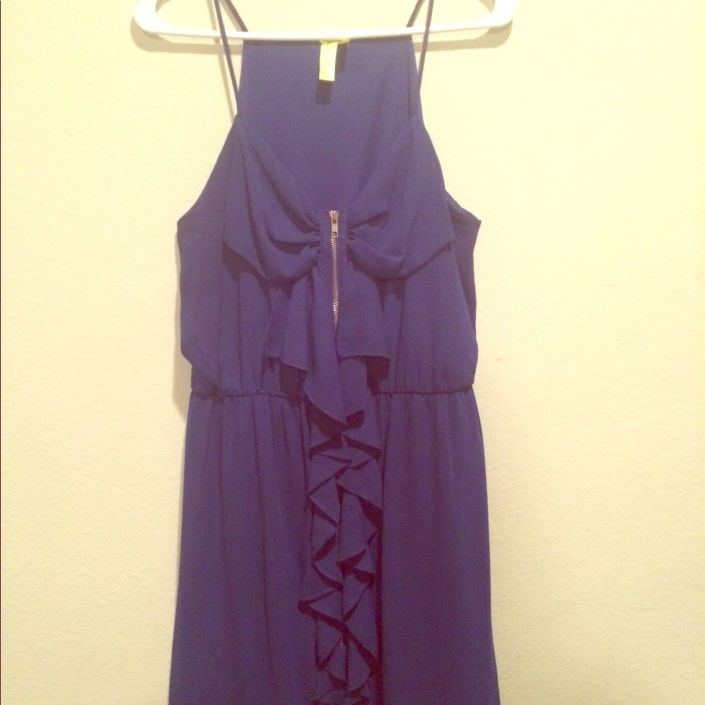 Navy blue dress with ruffles down the middle