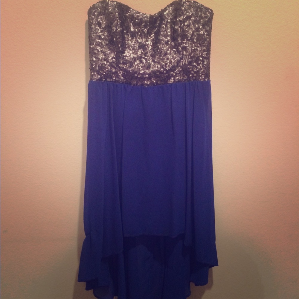 Strapless Silver Sequin and Blue Cocktail Dress