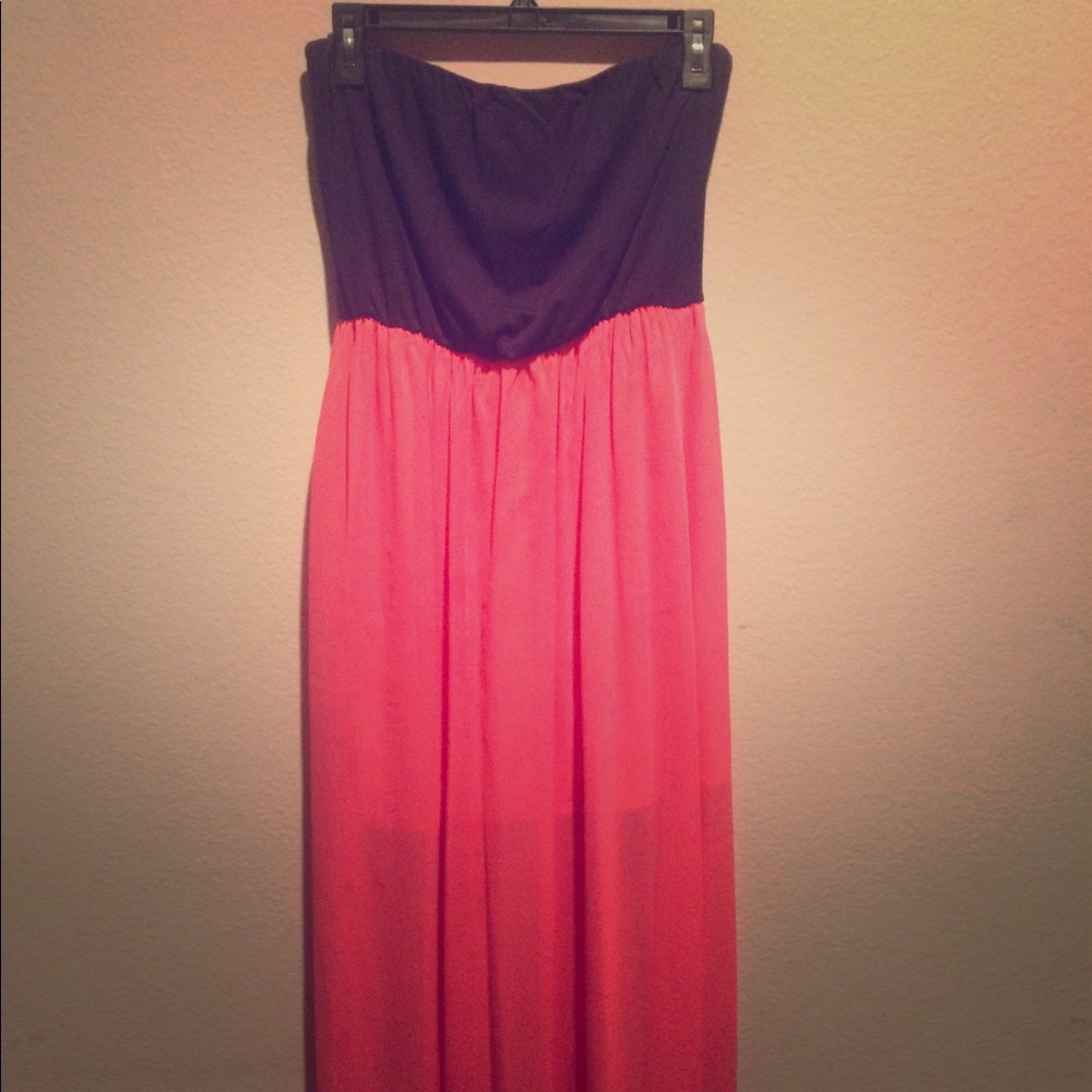 Navy Blue and Coral Maxi Dress Strapless