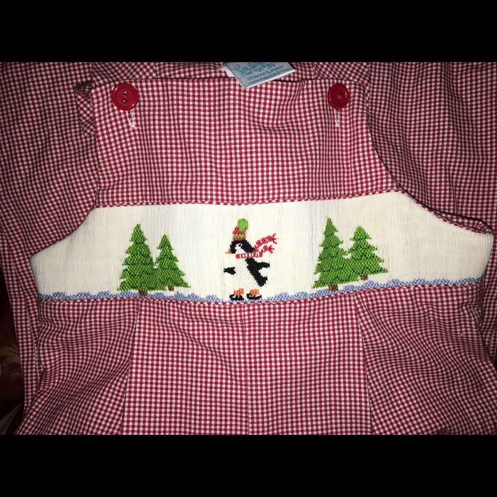 boys red longall with penguin and trees smocking