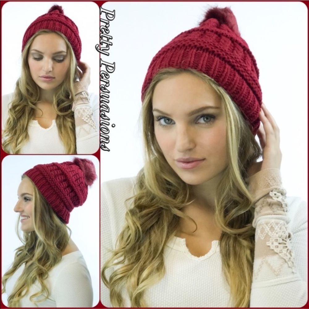 NWT Red Pom Pom Slouchy Beanie Hat - Picture 1 of 6